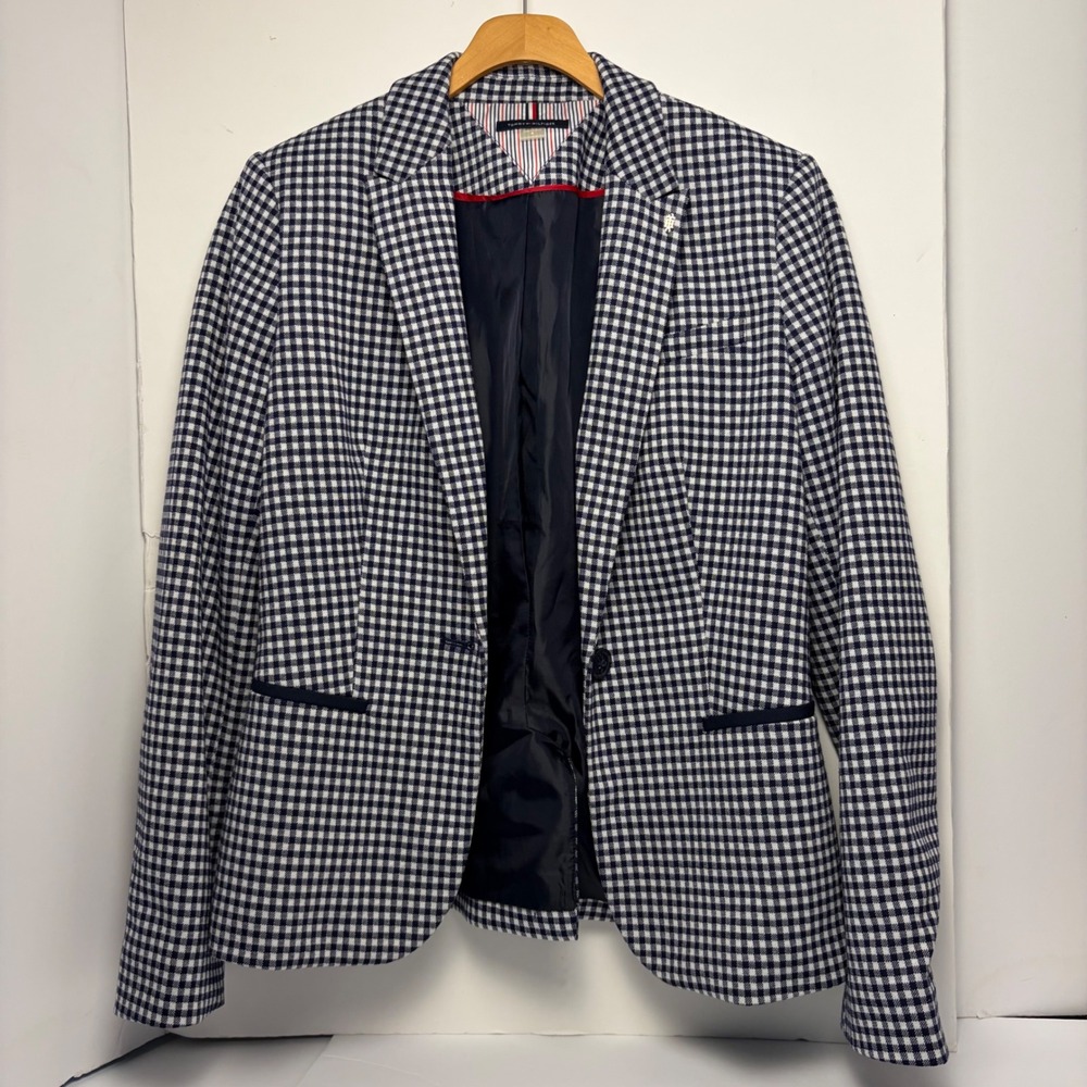 Tommy Hilfiger Womens Navy Gingham Blazer Elbow Patches Preppy Jacket Size 6